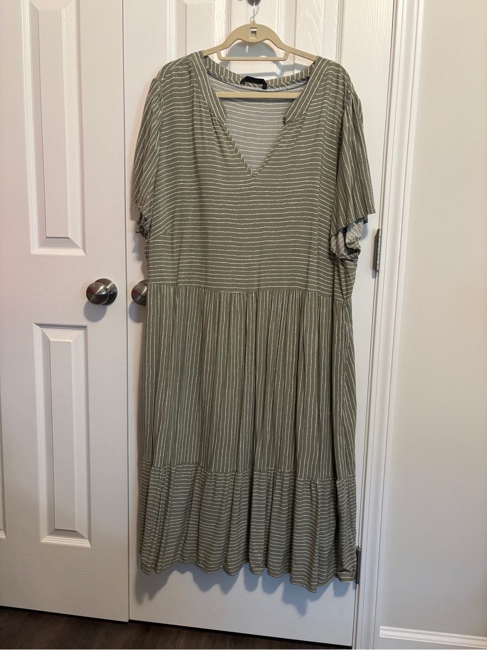 BloomChic Olive and White Striped V-Neck Midi Dress